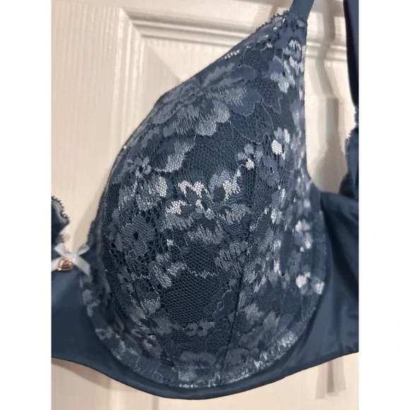 Victorias Secret 38D Bra Body by Victoria Lined Demi Padded Floral Lace Blue - Picture 10 of 14